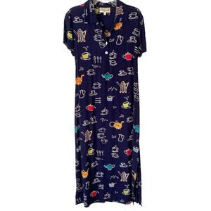 David Dart Vintage Teapot Teacup Coffee Navy Blue Midi Dress Down Size XS